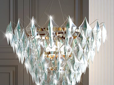 Elegant Modern Luxury Chandelier Featuring Transparent Geometric Glass Pendant Pieces Shining Brightly Indoors 3d model