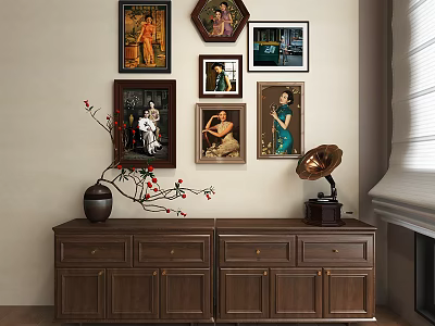 Framed Oil Paintings On Wall With Wooden Cabinet Vase And Gramophone Interior Decor 3d model