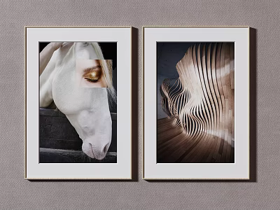 Two Framed Wall Art Prints With White Horse Portrait And Abstract Striped Design 3d model
