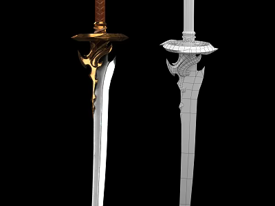 3D Designed Swords With Golden Accents Brown Hilt And Wireframe Model 3d model