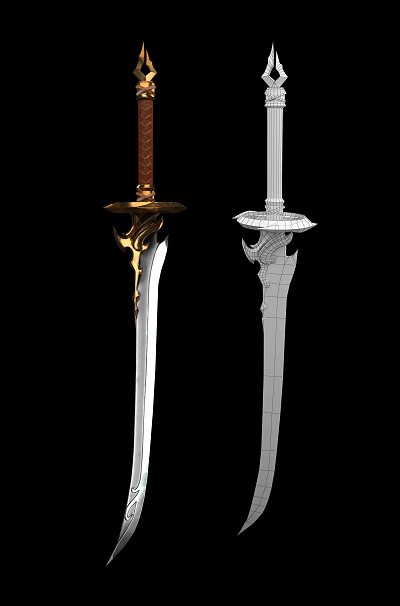 3D Designed Swords With Golden Accents Brown Hilt And Wireframe Model 3d model 3D Designed Swords With Golden Accents Brown Hilt And Wireframe Model 3d model