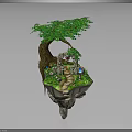 Lush Green Floating Island Scene With Tree Trunk Stone Bridge Path And Grass 3d model