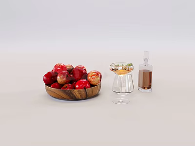 Elegant Decorative Ornament Set With Wooden Bowl Red Fruits Glass Cup And Small Bottle 3d model