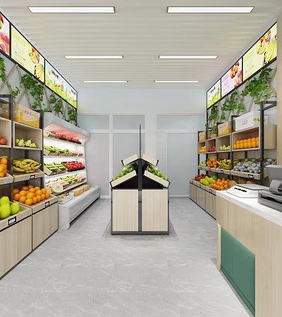 Modern Fruit Store Interior With Abundant Fruits And Organized Shelves 3d model