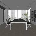 Modern Conference Room Interior With Long Table Chairs Large Windows Blinds Bookshelves And Wooden Floor