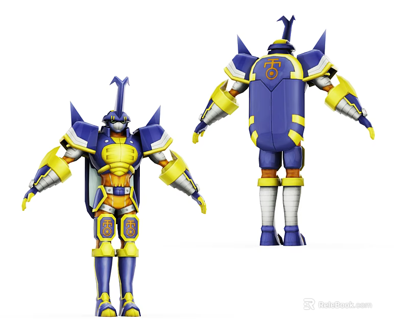 Blue And Yellow Mechanical Robot Doll With Armored Design And Front Back Views 3d model