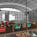 Spacious Café Interior With Arched Ceiling Hanging Pendant Lights Wooden Long Tables And Shelves