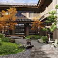 Japanese Courtyard Garden With Stone Path Maple Trees Autumn Leaves Stone Lantern And Greenery