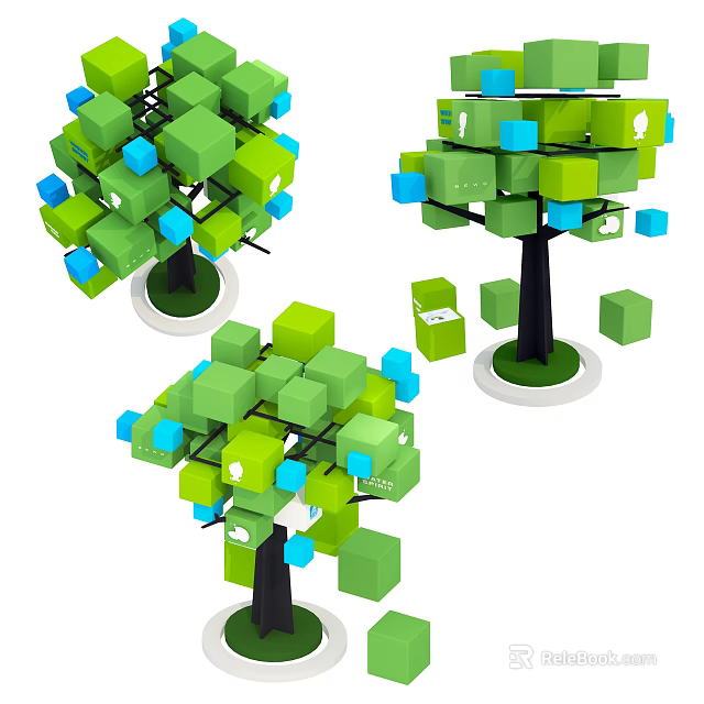 Decorative Tree Shaped Wall Decor With Green Blue Cubes And Black Trunk 3d model 