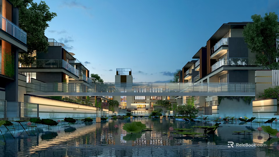 Modern Garden Landscape With Residential Buildings Water Pond Reflection Greenery And Bridge 3d model 