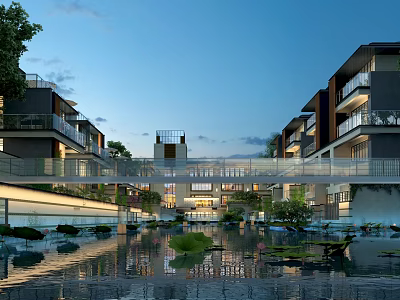 Modern Garden Landscape With Residential Buildings Water Pond Reflection Greenery And Bridge 3d model