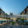 Modern Garden Landscape With Residential Buildings Water Pond Reflection Greenery And Bridge