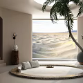 Minimalist Leisure Room With Round Seating Palm Tree And Desert View