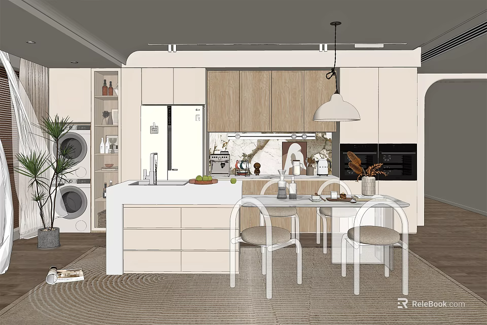 Modern Restaurant Interior With Open Kitchen Light Wood Cabinets Island Counter And Dining Table Chairs 3d model 
