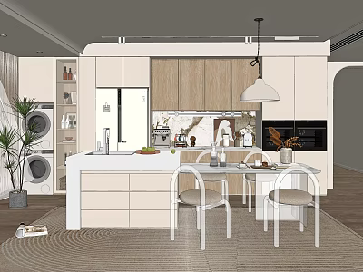 Modern Restaurant Interior With Open Kitchen Light Wood Cabinets Island Counter And Dining Table Chairs 3d model