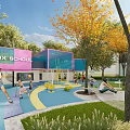 Colorful Children's Playground With Slide Trees Lawn And Pink Blue Building
