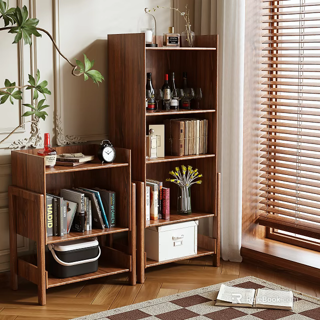 Wooden Bookshelf with Books Wine Bottles Clock Vase Storage Box near Window Blinds and Plant 3d model 