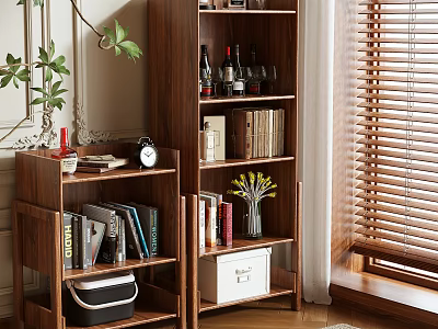 Wooden Bookshelf with Books Wine Bottles Clock Vase Storage Box near Window Blinds and Plant 3d model