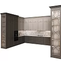 Modern Gray Kitchen Cabinets With Glass Door Panels And Marble Backsplash Countertop