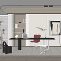 Modern Study Desk and Chair Green Plant Potted Fireplace Decoration Painting Bookcase Venetian Blinds Stool 3d model
