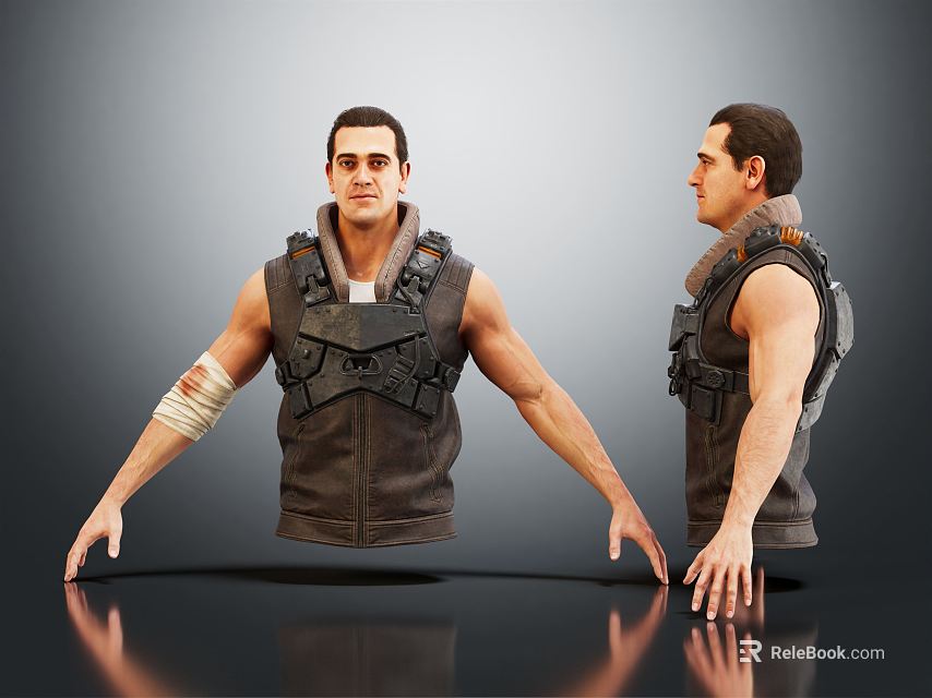 3D Model Of Man In Tactical Vest With Arm Bandage Front And Side Views 3d model 