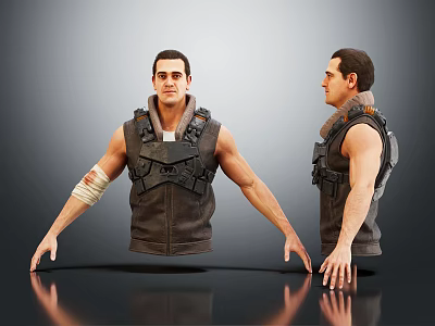 3D Model Of Man In Tactical Vest With Arm Bandage Front And Side Views 3d model