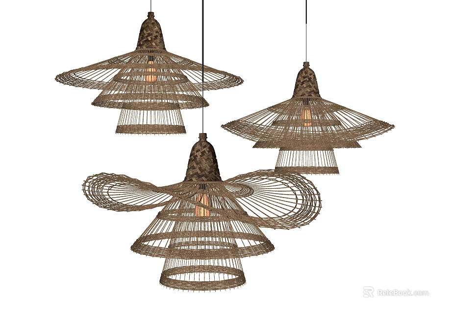 Three Layered Wicker Umbrella Shaped Pendant Lights for Home Decor 3d model 