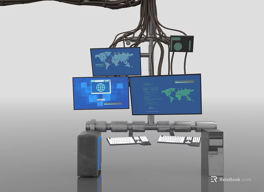 Multi Monitor Computer Workstation With World Map Display Screens And Keyboard Setup 3d model 