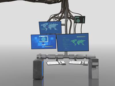 Multi Monitor Computer Workstation With World Map Display Screens And Keyboard Setup 3d model