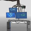 Multi Monitor Computer Workstation With World Map Display Screens And Keyboard Setup 3d model