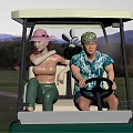 Two People Riding Green Golf Cart In Outdoor Scenery