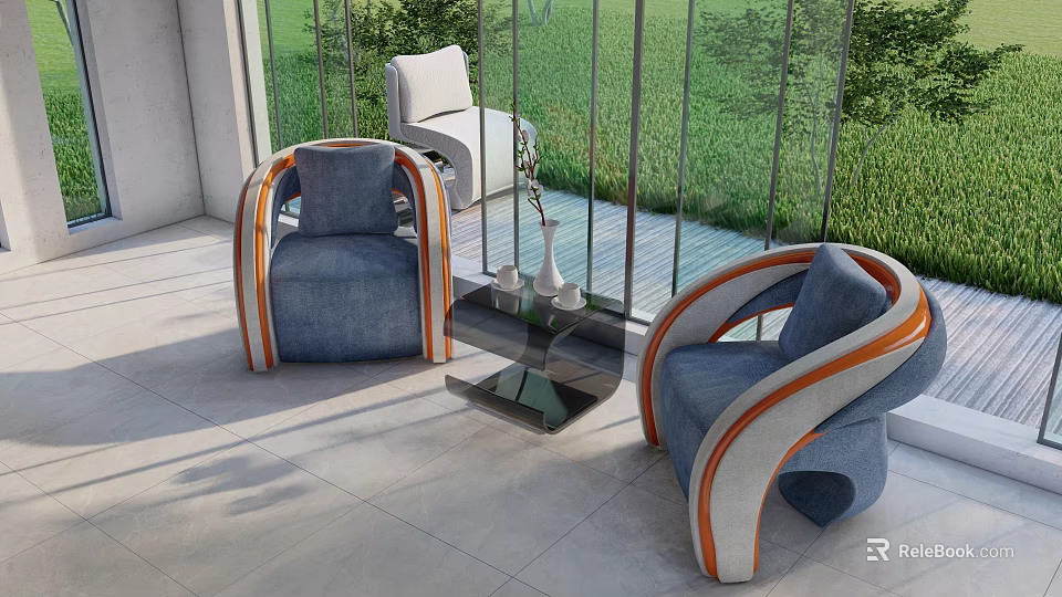Modern Chair and Table Set with Blue Upholstery Orange Accents and Large Windows Green View 3d model 