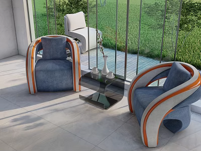 Modern Chair and Table Set with Blue Upholstery Orange Accents and Large Windows Green View 3d model