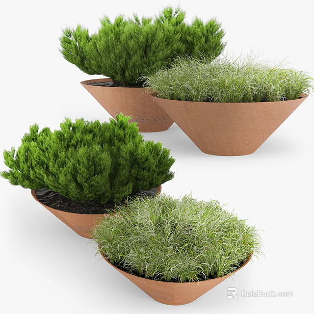 Charming Garden Decorative Pieces with Terracotta Pots Green Shrubs and Grasses 3d model 
