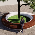 Circular Wooden Landscape Seat With Large Tree And Seated Person Under Blue Sky