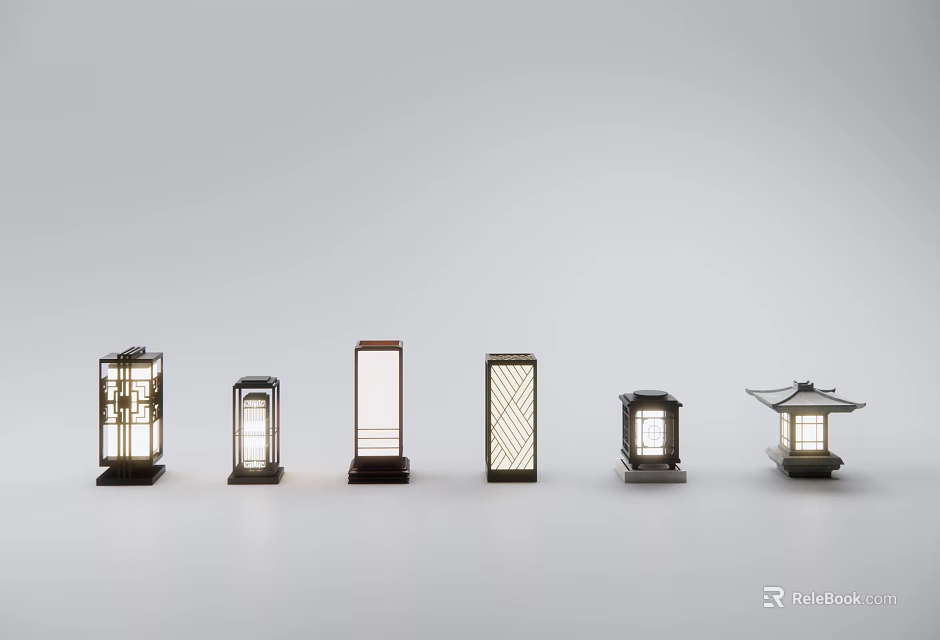 Japanese Style Outdoor Lights Featuring Various Traditional Lantern Designs For Garden Decor 3d model 