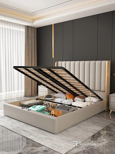 Practical Double Bed With Storage Space Beige Vertical Striped Headboard Open Frame Clothing Storage 3d model 