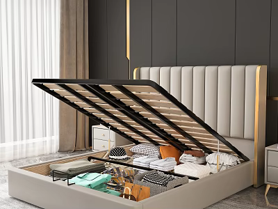Practical Double Bed With Storage Space Beige Vertical Striped Headboard Open Frame Clothing Storage 3d model