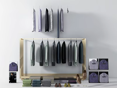Modern Clothes Rack Featuring Hanging Shirts Folded Clothes Display Cards and Shoes 3d model