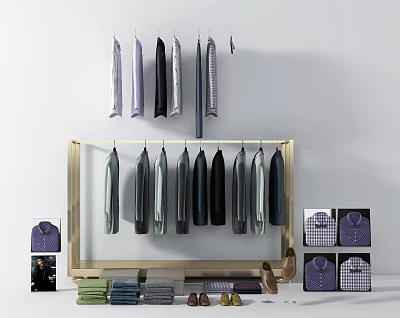 Modern Clothes Rack Featuring Hanging Shirts Folded Clothes Display Cards and Shoes 3d model