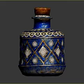 Blue Ceramic Decorative Bottle With Red Cork Stopper And Geometric Patterns