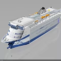 Modern Cruise Ship With White And Blue Hull Black Chimney Multiple Decks And Orange Lifeboats
