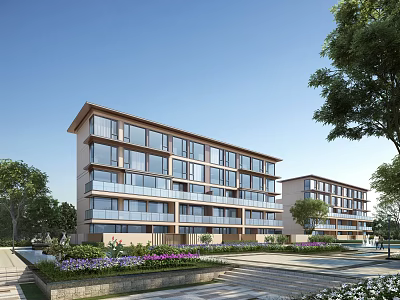 Modern Residential Building With Large Windows Surrounded By Trees And Flower Beds 3d model