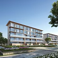 Modern Residential Building With Large Windows Surrounded By Trees And Flower Beds