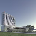 Modern High Rise Hospital Building With Glass Facade And Green Courtyard