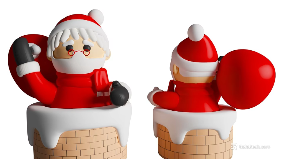 Man As Santa Claus Toy Sitting On Brick Chimney With Snow And Gift Bag Decorations 3d model 