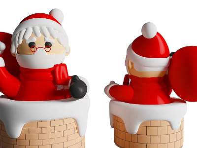 Man As Santa Claus Toy Sitting On Brick Chimney With Snow And Gift Bag Decorations 3d model
