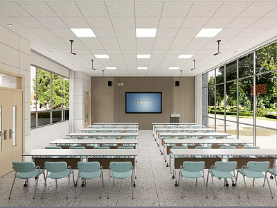 Modern School Classroom Featuring Spacious Layout Arranged Desks Large Screen And Green Views 3d model
