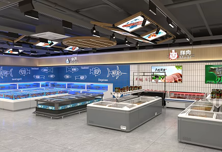 Modern supermarket fresh area fish tank fish pool fresh meat freezer refrigerator meat cutting table division table 3d model