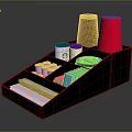 Black Kitchen Organizer With Red Brown Cups White Containers Paper Towels And Blue Bags